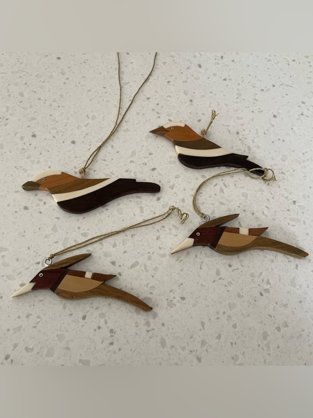 Gorgeous Siwok Folk Art Carved Wood Inlay Birds Set of 4 Argentina